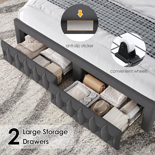 Queen Bed Frame with LED Lights and 2 Storage Drawers, Velvet Upholstered Platform with 47" Tall Arc-Shaped Wingback Headboard and Button Tufted Design, No Box Spring Needed, Noise-Free, Gray