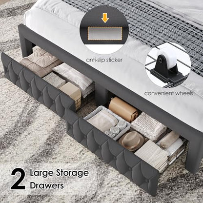Queen Bed Frame with LED Lights and 2 Storage Drawers, Velvet Upholstered Platform with 47" Tall Arc-Shaped Wingback Headboard and Button Tufted Design, No Box Spring Needed, Noise-Free, Gray
