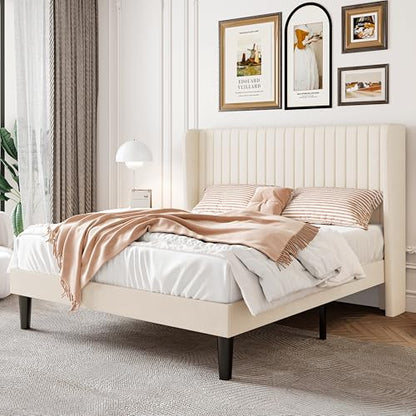 Queen Size Velvet Bed Frame with Vertical Channel Tufted Wingback Headboard, Upholstered Platform Bed with Wood Slats, No Box Spring Needed, Easy Assembly, Cream White