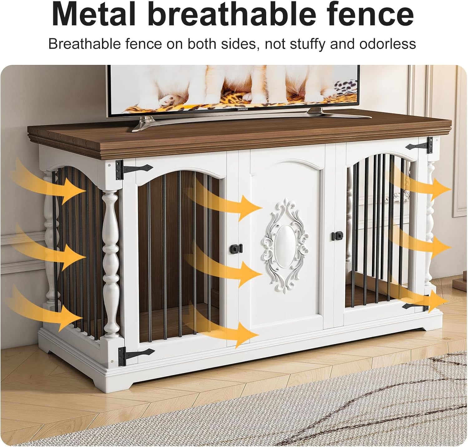 Dog Crate Furniture for 2 Dogs with Hand-Carved Patterns, All-Solid Wood Double Dog Crate & TV Stand, Large Dog Kennel with Divider for Giant Breeds, Heavy Duty Dog Cage, 62In（White）