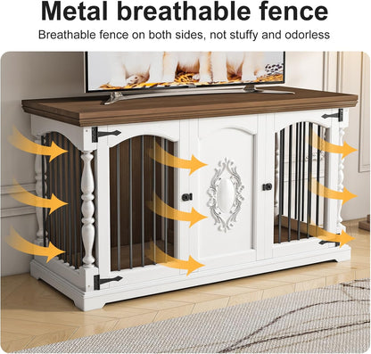 Dog Crate Furniture for 2 Dogs with Hand-Carved Patterns, All-Solid Wood Double Dog Crate & TV Stand, Large Dog Kennel with Divider for Giant Breeds, Heavy Duty Dog Cage, 62In（White）