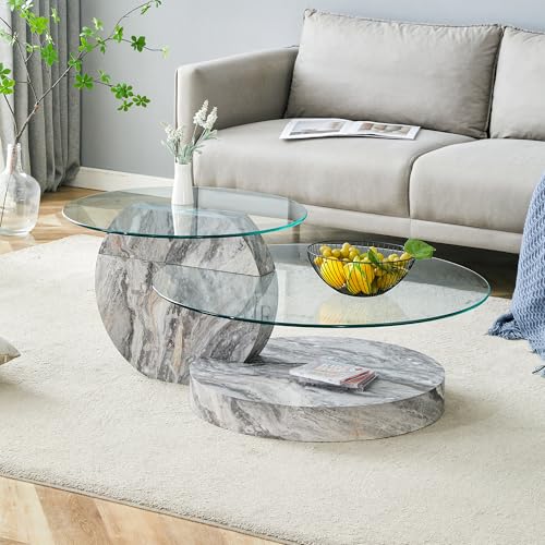42" Glass Coffee Table｜Oval Coffee Table｜3-Tier Design with Oval Tempered Glass Tabletop｜Grey Marble Color Wooden Base｜Large Storage Space｜Smooth Edge｜Ideal for Living Room｜Easy Assembly