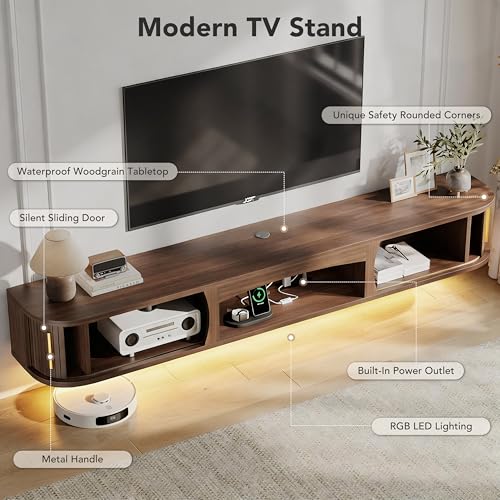 70" Floating TV Stand with Storage, LED Lights Entertainment Center, view 3