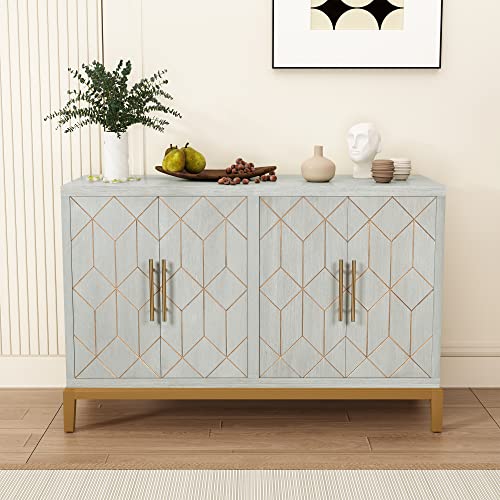 48" Accent Cabinet with 4 Doors and Shelves, Modern Credenza Storage Cabinet with Gold Trim, Green Buffet Cabinet for Living Room, Kitchen, Dining Room, Hallway