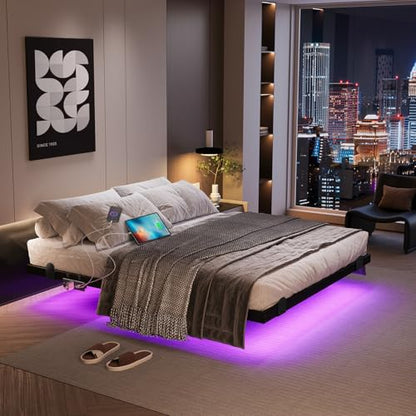 Floating Bed Frame Queen with LED Lights and Charging Station, view 2