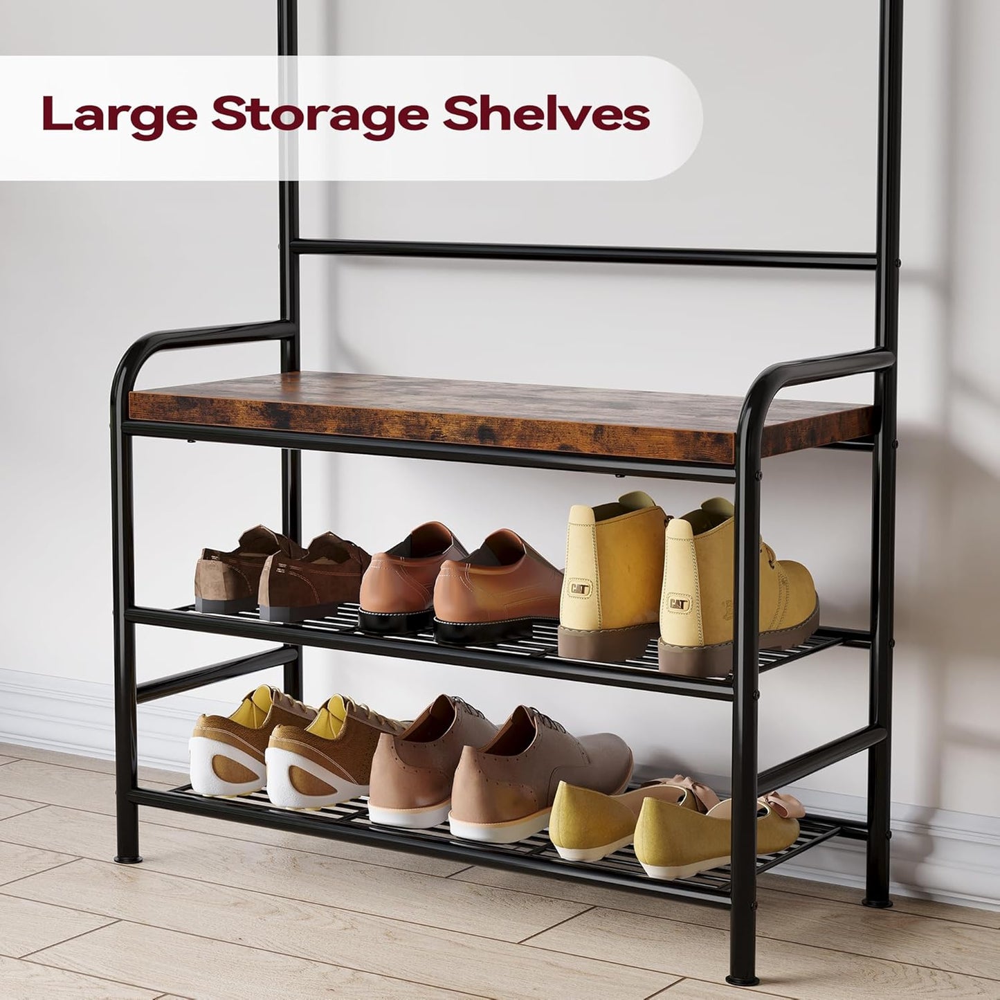 Hall Tree Shoe Bench for Entryway, Coat Rack Storage Bench, 4-In-1 Coat Tree with Storage Shelf and 8 Hooks for Small Spaces, Entryway, Bedroom, Rustic Brown