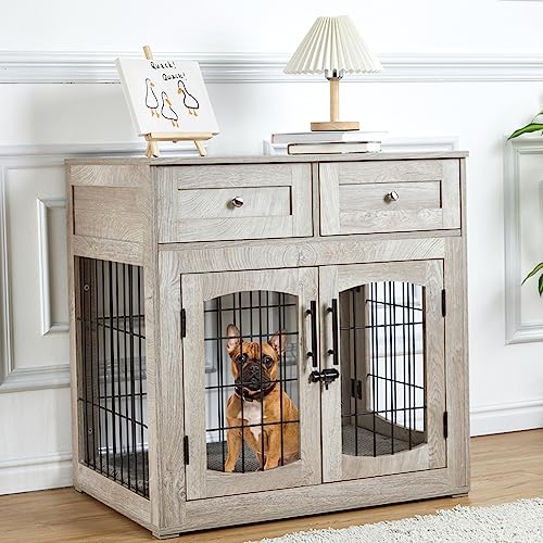 Dog Crate Furniture with Cushion, Wooden Dog Crate Table with 2 Drawers, view 2