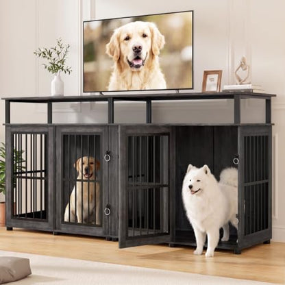 87" Double Dog Crate Furniture with Removable Divider, Grey, view 2