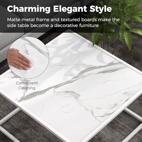 Square Coffee Table with Faux Marble Tabletop & Steel Frame, Center Cocktail Table, Accent Living Room Furniture, Low Bedside Table, Easy Assembly (White)