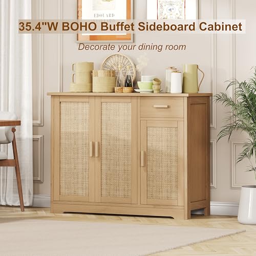 Rattan Sideboard Buffet Cabinet with Storage, Accent Kitchen Cabinet with 3 Doors & Drawer, Storage Cabinet with Adjustable Shelves, Coffee Bar for Living Room, Entryway, Natural Oak