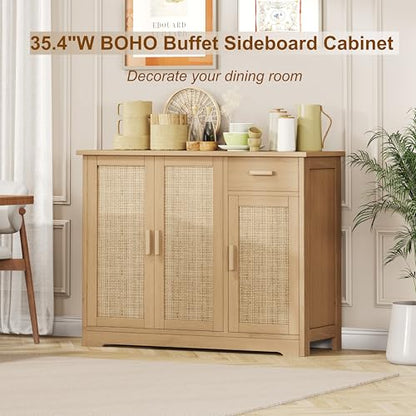 Rattan Sideboard Buffet Cabinet with Storage, Accent Kitchen Cabinet with 3 Doors & Drawer, Storage Cabinet with Adjustable Shelves, Coffee Bar for Living Room, Entryway, Natural Oak
