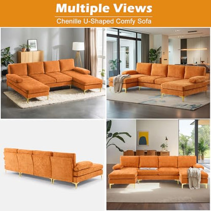 110" Sectional Couches for Living Room,U Shape Couch with Double Chaise, 4-Seat Sofa Set with Chenille Fabric for Home Furniture,Burnt Orange