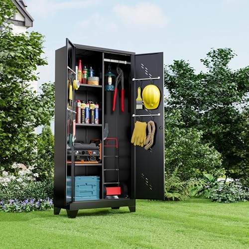 Metal Storage Cabinet 71" H, Garege Storage with Stainless Steel Bottom, Black Cleaning Supplies Organization Cabinet with Lockable Doors and Hanging Rod for Outdoor, Home Office