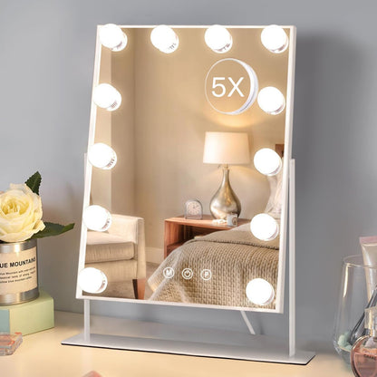 Hollywood Vanity Mirror with 12 Dimmable Bulbs Lights, Three Color Lighting Modes, and 5X Magnification, Smart Touch Control, 360°Rotation (White,Gift Box)