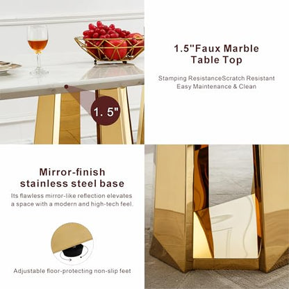 Marble Dining Table for 6 People, 70'' Rectangle Faux Marble Dining Table with Mirrored Stainless Steel Base, Large Size Marble Kitchen Table (Gold,White)(only Table)