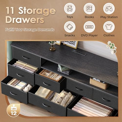 70 Inch TV Stand for 75, 80 Inch TV, 11 Drawer Long Dresser with Power Outlets and LED Lights, Entertainment Center with Storage, Black Dresser with PU Leather Surface