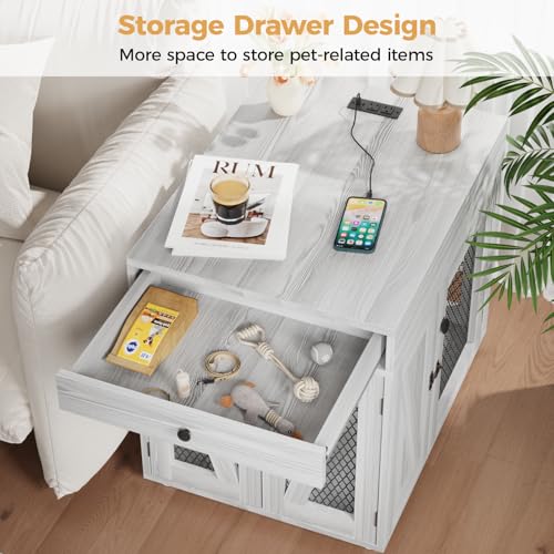 Wooden Dog Crate End Table with USB Charging Station, Gray, view 6