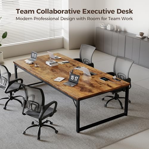 63 Inch Large Computer Desk with Power Outlets, 1.2" Thick Heavy Duty Industrial Office Desk, Modern Simple Study Writing Table for Home Office Bedroom Workstation, Brown