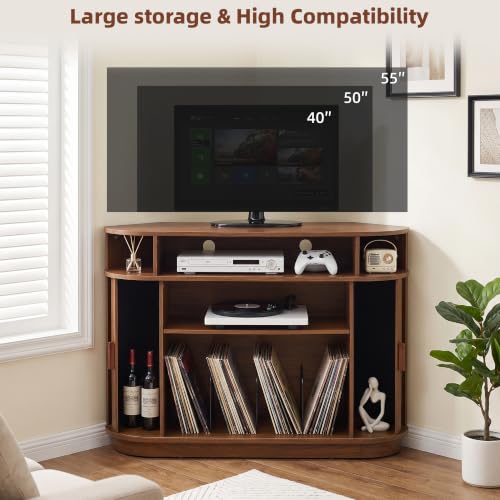 Fluted Corner TV Stand for 55"TV, Modern Corner Entertainment Center Walnut, view 8
