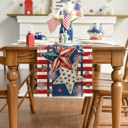 American Flag Stars 210 GSM 4th of July Table Runner, Patriotic Memorial Day Kitchen Dining Table Decoration for Home Party Decor 13x72 Inch