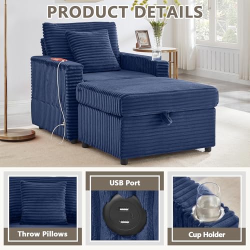 Chaise Lounge Chair Indoor with Ottoman, Corduroy Sofa Bed with Table Board, view 7