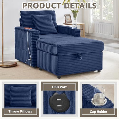 Chaise Lounge Chair Indoor with Ottoman, Corduroy Sofa Bed with Table Board, view 7