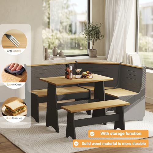 3-5 People Breakfast Nook Set, L-Shaped Corner Dining Table with Bench, Hidden Storage Space Saving Convertible for Family Home Black Wood