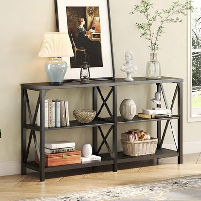 Black Console Table, Modern Sofa Table Behind Couch, Industrial Entryway Table for Hallway Living Room, Farmhouse Wooden Metal Entry Table for Foyer with 3-Tier Storage Shelves, Black Oak, 55 Inch