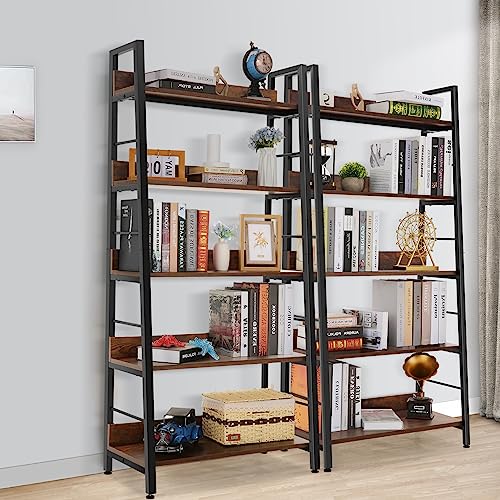 Bookshelf, Industrial Wood Bookshelves and Bookcases, Ladder Shelf 5 Tier with Metal Frame for Living Room, Bedroom, Kitchen, Home Office, Rustics Brown