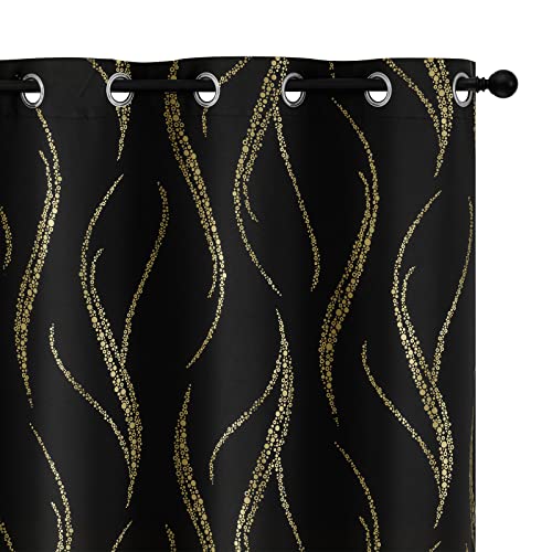 Blackout Curtains 84 inch Length Living Room Thermal Insulated Gold Wave Line Dots Pattern Curtains Room Darkening Grommet Curtains for Bedroom, Black, W62 x L84-inch, 2 Panels