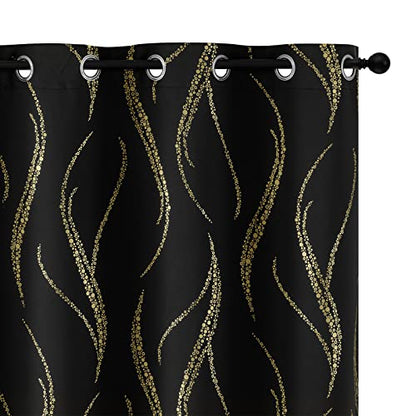 Blackout Curtains 84 inch Length Living Room Thermal Insulated Gold Wave Line Dots Pattern Curtains Room Darkening Grommet Curtains for Bedroom, Black, W62 x L84-inch, 2 Panels