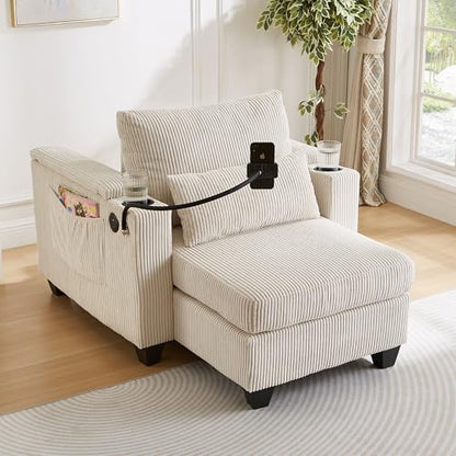 Modern 37.4" Chaise Lounge with Charge Statio, Phone & Cup Holders, view 4