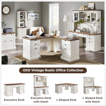 60" L Shaped Farmhouse Executive Desk with Hutch, Antique White, view 7
