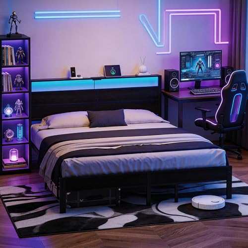King Size Bed Frame with LED Lights and Charging Station, view 4