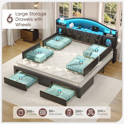 King Size Bed Frame with 6 Storage Drawers, King Bed Frame and Headboard, view 4