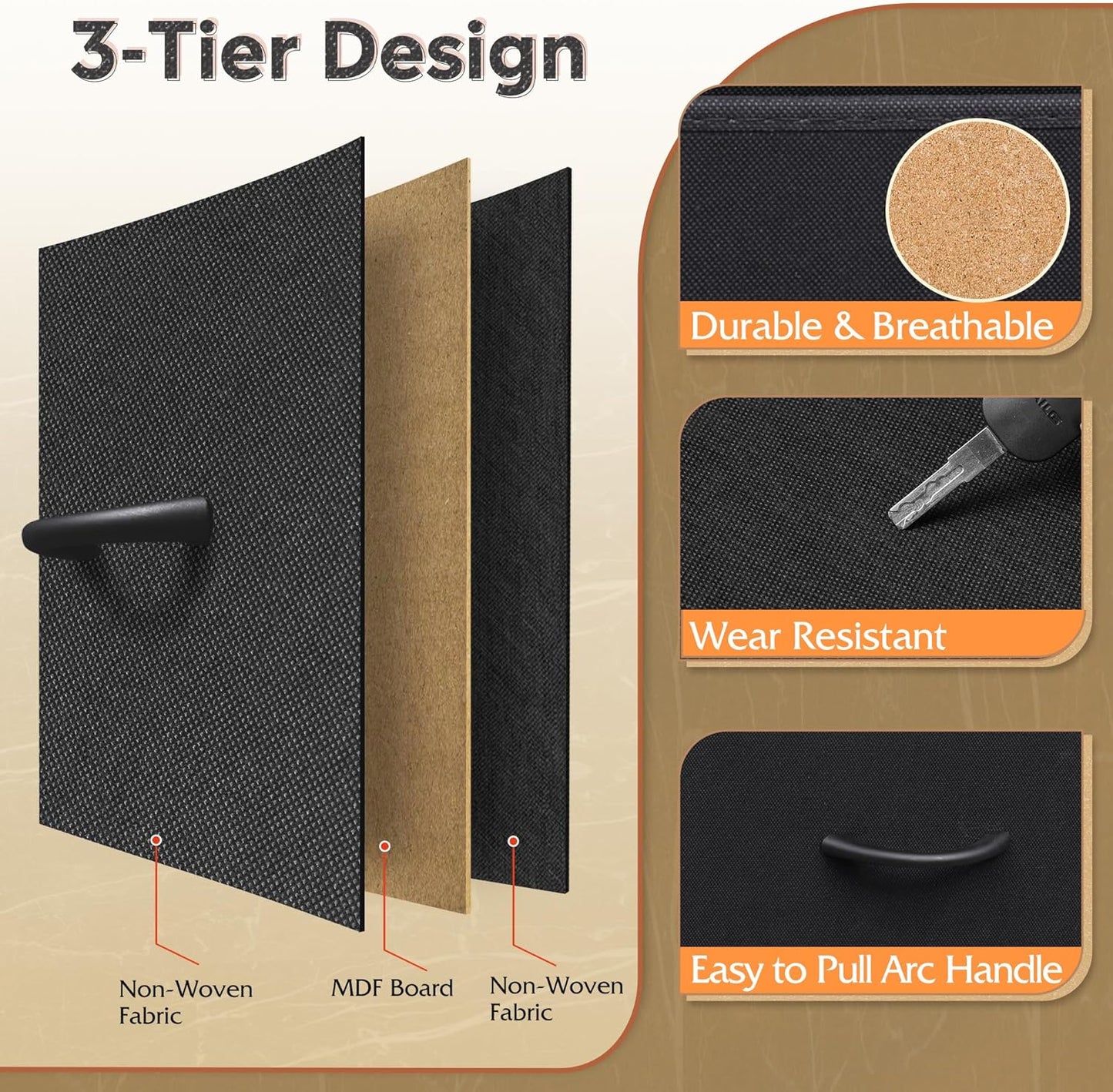 Dresser for Bedroom with 10 Fabric Drawers, Tall Chest Organizer Units for Clothing, Closet, Storage Tower with Cabinet, Metal Frame, Wooden Top, Black Dresser for Living Room