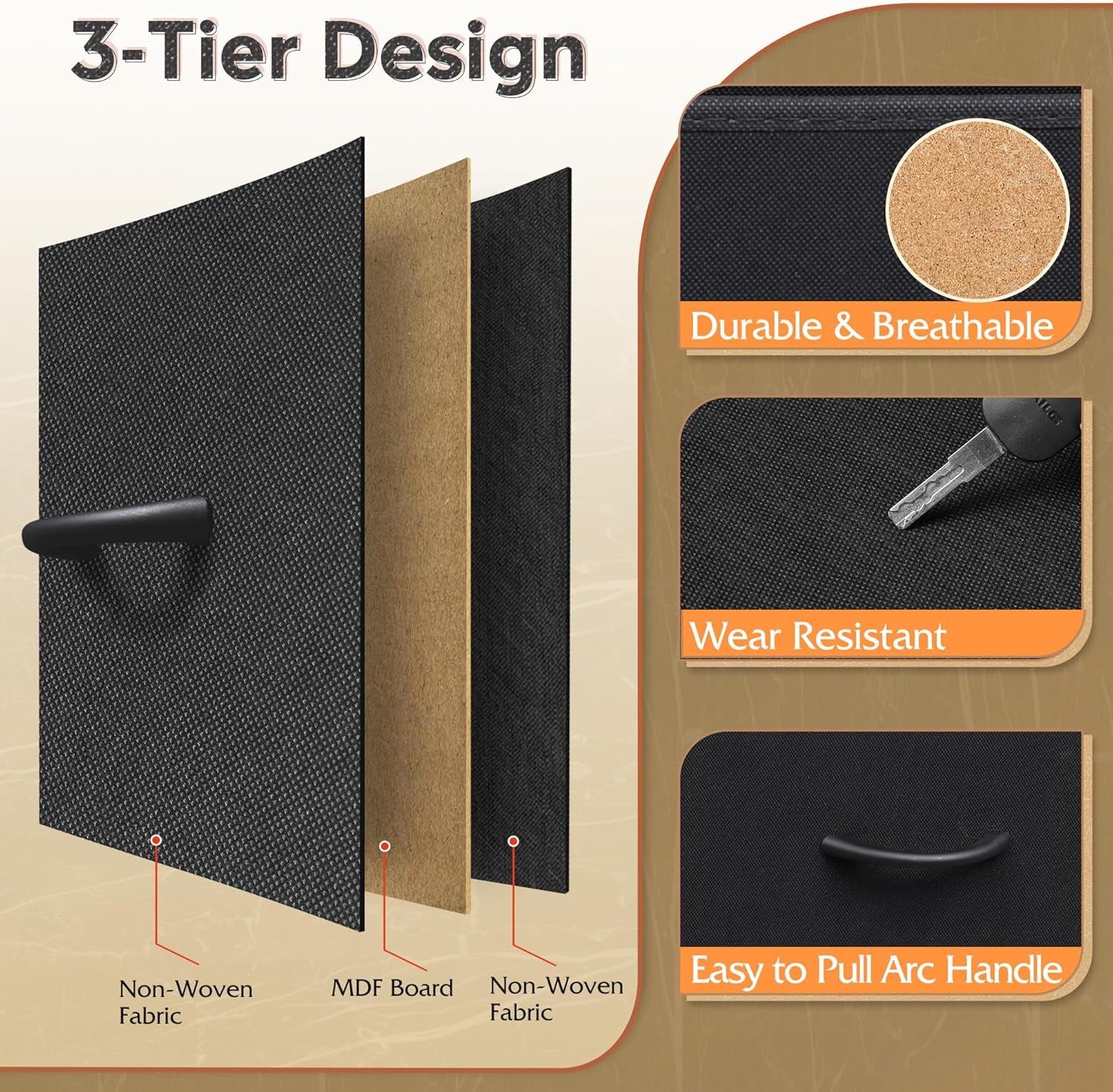 Dresser for Bedroom with 10 Fabric Drawers, Tall Chest Organizer Units for Clothing, Closet, Storage Tower with Cabinet, Metal Frame, Wooden Top, Black Dresser for Living Room