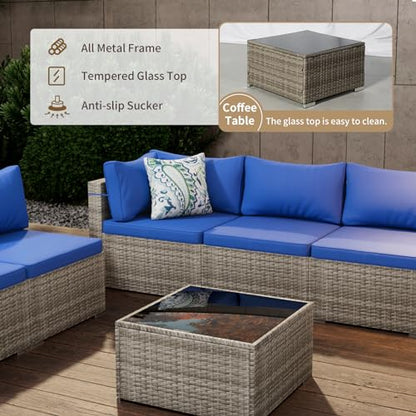 7 Piece Patio Furniture Set, Outdoor Wicker Patio Sofa Set, PE Rattan Sectional Couch with Glass Table and Blue Cushions, All-Weather 7 Piece Outdoor Patio Furniture Sets, Grey