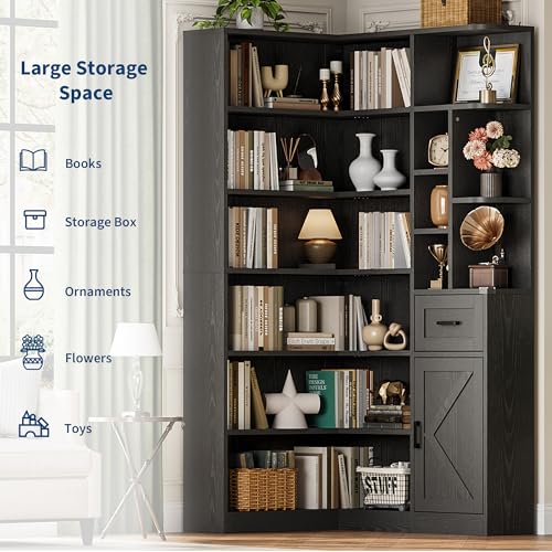 74'' Tall Corner Bookshelf, 6-Tier Book Shelf with Drawer and Cabinets, view 7