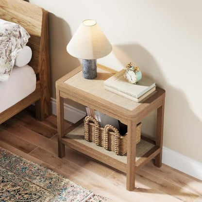 Rattan Night Stand - Farmhouse 2 Tier End Table for Bedroom - Accent Side Table wtih Open Storage Shelves for Small Space Narrow Coffee Table Bamboo (2, Natural Oak)