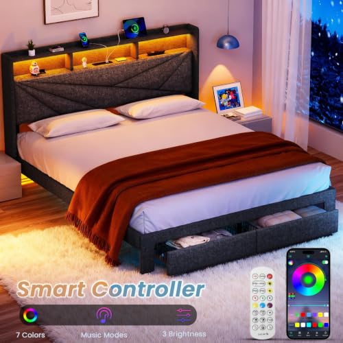 King Size Bed Frame with 2 Storage Drawers, Upholstered Headboard, LED Light, view 4