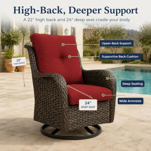 2 Piece Wicker Patio Swivel Rocker Chairs, Brown/Red, view 5