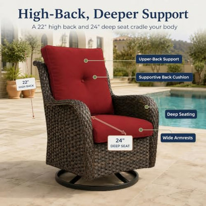 2 Piece Wicker Patio Swivel Rocker Chairs, Brown/Red, view 5