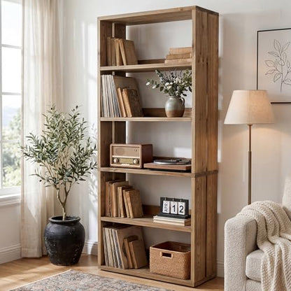 Solid Wood Bookshelf, 5-Tier Farmhouse Bookcase with Storage, view 2