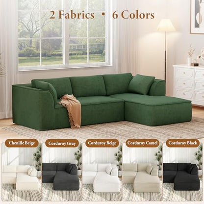 106" Cloud Sectional Couch with Chaise, Deep Seat Modular Sectional Sofa Chenille Memory Foam Sofa Boneless Couches for Living Room Bedroom, No Assembly Required (Green, Right-Facing Chaise)