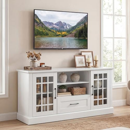 Farmhouse TV Stand for TV up to 65 70 Inches, Tall Media Console Table with 2 Glass Storage Cabinets, 1 Drawer & 2 Open Shelves, Wooden Entertainment Center for Living Room (White)