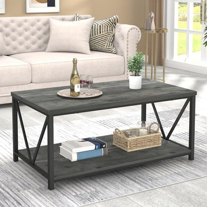 Coffee Table, Rustic Wood and Metal Center Table for Living Room, 39.3 Inch Grey