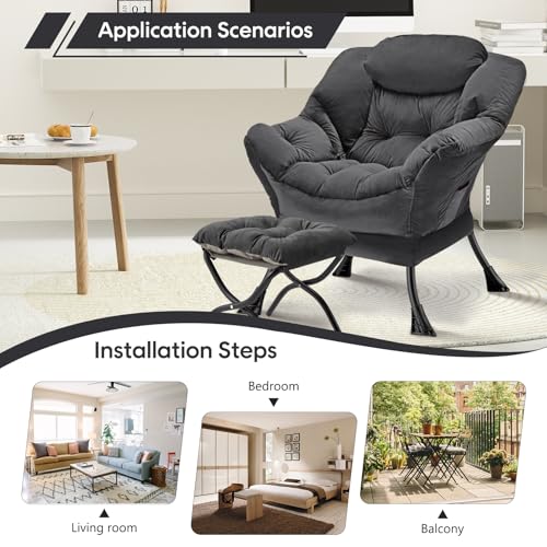 Lazy Chair with Folding Ottoman Modern Large Accent Chair,Contemporary Lounge Leisure Sofa Chair with Armrests Upholstered Sofa Armchair Reading Chair for Bedroom,Dorm & Office (Dark Grey-f)