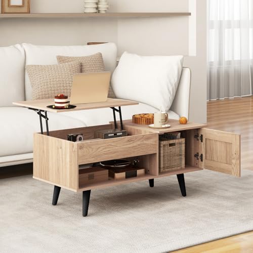 Lift Top Coffee Table with Storage, Living Room Table with Hidden Compartment, Cabinet & Open Shelf, Flip Top Center Table, Pull up Coffee Table for Home, Office (Natural)