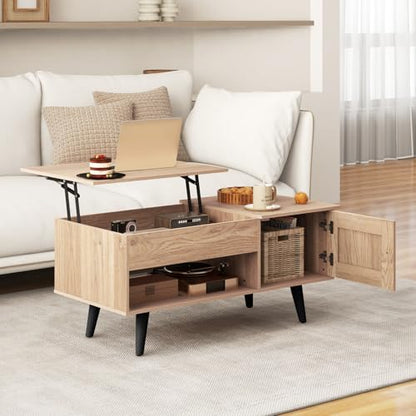 Lift Top Coffee Table with Storage, Living Room Table with Hidden Compartment, Cabinet & Open Shelf, Flip Top Center Table, Pull up Coffee Table for Home, Office (Natural)